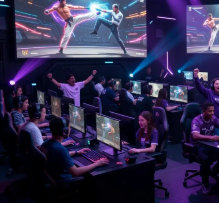 Dynamiczna scena walki wojowników na arenie Ultimate Game Zone Pl, symbolizująca społeczność graczy