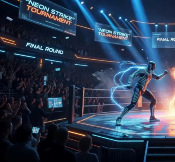 Turniejowa arena PvP oświetlona neonowymi reflektorami podczas finałowej walki