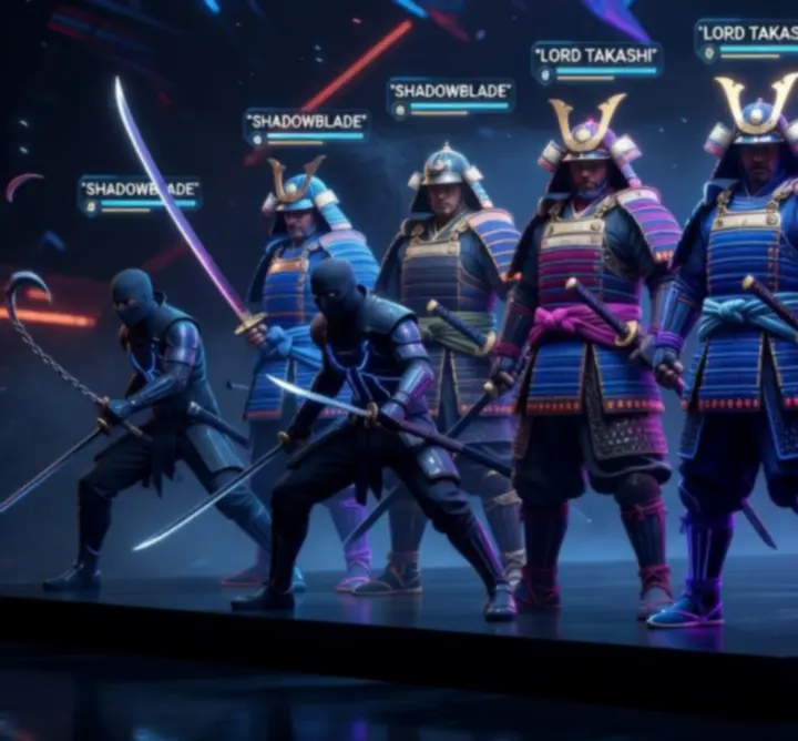 Ekran wyboru wojowników z ninja, samurajami i mistrzami sztuk walki